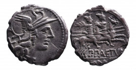 P. Paetus, Rome Mint, 138 BC.
Helmeted head of Roma right, behind X;
The Dioscuri with spears riding on horseback to right, beneath P_PAETVS, in exerg...