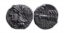 M. Baebius Q.f. Tampilus, Rome Mint, 137 BC.
Helmeted head of Roma wearing necklace of beads left, below chin X, behind TAMPIL;
Apollo holding bow and...