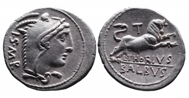 L. Thorius Balbus, Rome Mint, 105 BC.
Head of Juno Sospita wearing goat skin cap...