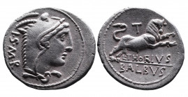 L. Thorius Balbus, Rome Mint, 105 BC.
Head of Juno Sospita wearing goat skin cap, behind I_S_M_R;
Bull charging right, above control mark T, beneath L...