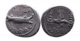 Marcus Antonius, Legionary issue, military mint travelling with M.Antonius, 32-31 BC.
Galley to right, ANT_AVG_III_VIR_R_P_C;
Legionary aquila between...