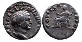 Vespasianus AD 69-79, Rome Mint, AD 69-70.
Laureate head of Vespasianus right, IMP CAESAR VESPASIANVS AVG;
Pax seated left, holding branch and caduceu...