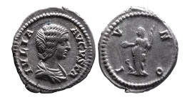 Julia Domna AD 193-217, Rome Mint, ca. AD 196-211.
Bare and draped bust of Julia Domna right, IVLIA AVGVSTA;
Juno standing left, holding long sceptre ...