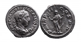 Alexander Severus AD 222-235, Rome Mint, AD 222-224.
Laureate and draped bust of Alexander Sever right, IMP C M AVR SEV ALEXAND AVG;
Pax standing left...