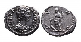 Julia Domna AD 193-217, Rome Mint, ca. AD 196-211.
Bare and draped bust of Julia Domna right, IVLIA AVGVSTA;
Juno standing left, holding long sceptre ...