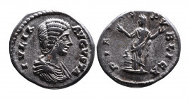 Julia Domna AD 193-217, Rome/Laodicea ad Mare Mint, ca. AD 199-207.
Bare and draped bust of Julia Domna right, IVLIA AVGVSTA;
Pietas standing left by ...