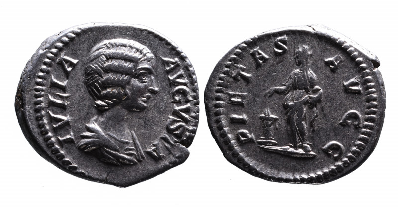 Julia Domna AD 193-217, Rome Mint, ca. AD 196-211.
Bare and draped bust of Julia...