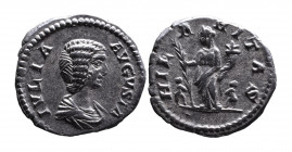 Julia Domna AD 193-217, Rome Mint, ca. AD 196-211.
Bare and draped bust of Julia Domna right, IVLIA AVGVSTA;
Hilaritas standing left, holding long pal...