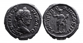 Caracalla AD 198-217, Rome Mint, AD 210.
Laureate head of Caracalla right, ANTONINVS PIVS AVG;
Virtus standing right, foot on helmet, holding spear an...