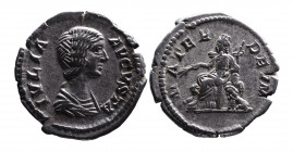 Julia Domna AD 193-217, Rome Mint, ca. AD 196-211.
Bare and draped bust of Julia Domna right, IVLIA AVGVSTA;
Kybele seated on the throne flanked by li...