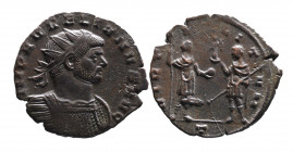Aurelianus AD 270-275, Mediolanum Mint, ca. AD 272-274.
Radiate and cuirassed bust of Aurelianus right, IMP AVRELIANVS AVG;
Soldier with spear and glo...