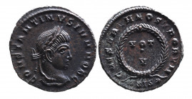 Constantine II AD 317-340, as caesar, Siscia Mint, ca. AD 320-321.
Laureate head of Constantinus II right, CONSTANTINVS IVN NOB C;
VOT_V within wreath...