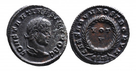 Constantine II AD 317-340, as caesar, Siscia Mint, ca. AD 320-321.
Laureate head of Constantinus II right, CONSTANTINVS IVN NOB C;
VOT_V within wreath...