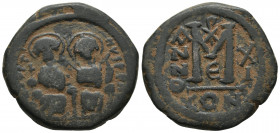 Justin II 565-578 AD, AE follis, Constantinople Mint, 575/576 AD
...IVSTI-NVSPP..., Justin II, on left, and Sophia, on right, seated facing on double ...