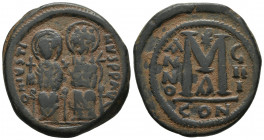 Justin II 565-578 AD, AE follis, Constantinople Mint, 573/574 AD
DNIVSTI-NVSPPAVC, Justin II, on left, and Sophia, on right, seated facing on double t...