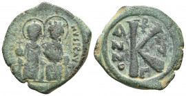 Justin II 565-578 AD, AE, Constantinople Mint, 569/570 AD
...-NVSPPAVC,Justin II, on left, and Sophia, on right, seated facing on double throne, both ...