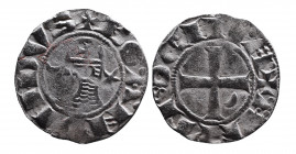 Crusader Kings of Antioch
King Bohemond III. 1162 - 1201 AD. Silver denier.
Helmeted head of king in chain-maille armor, crescent and star to sides, +...