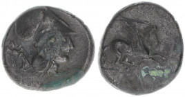 Stater, ca. 4.Jhdt. BC
Korinth. Athenakopf mit korinthischem Helm, dahinter Nike - Pegasus nach rechts. 8,30g
ss+