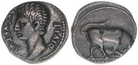 Augustus 63BC-14AC
Römisches Reich - Kaiserzeit. Denar. Kopf nach links - Stier mit gesenktem Haupt
Rom
3,80g
Sear 1610
ss+