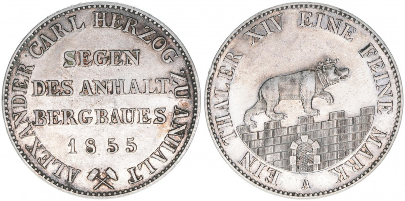 Alexander Carl 1834-1863
Anhalt-Bernburg. Ausbeutetaler, 1855 A. 22,21g
AKS 16
m...