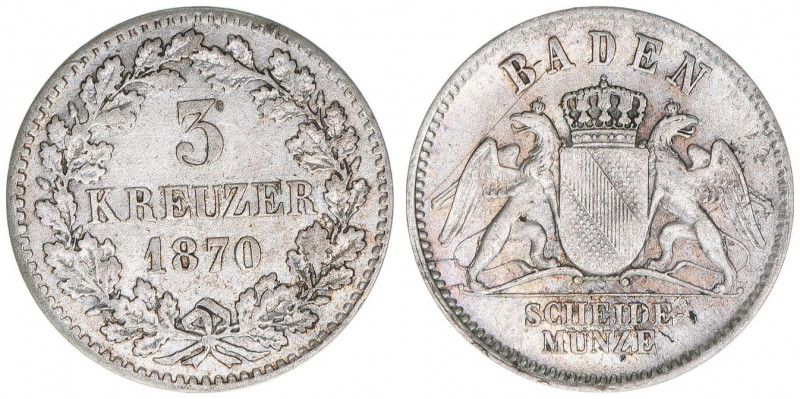 Friedrich I. 1856-1907
Baden. 3 Kreuzer, 1870. 1,19g
AKS 130
ss