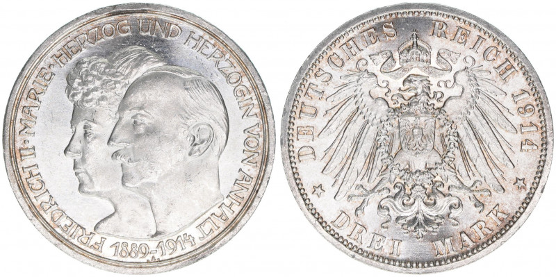 Friedrich II. 1904-1918
Anhalt. 3 Mark, 1914 A. zur Silbernen Hochzeit
16,65g
J....