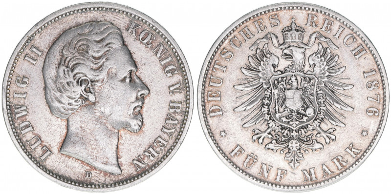 Ludwig II. 1864-1886
Bayern. 5 Mark, 1876 D. 27,42g
J. 42
ss-