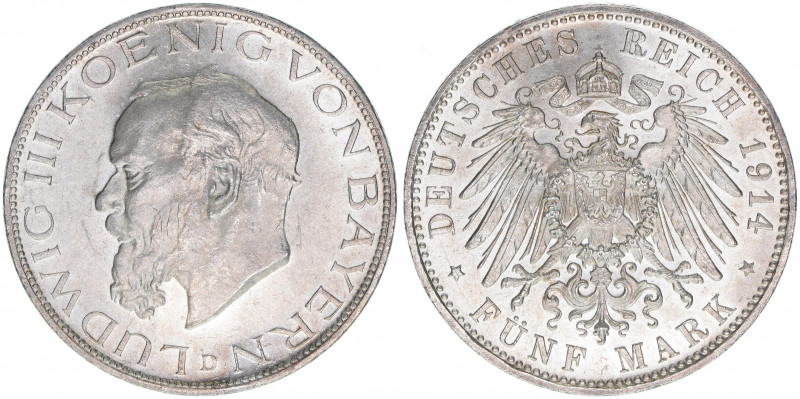 Ludwig III. 1913-1918
Bayern. 5 Mark, 1914 D. 27,80g
J.53
vz/stfr