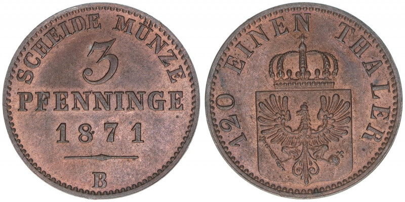 Wilhelm I. 1861-1888
Preussen. 3 Pfennig, 1871 B. 4,57g
AKS 106
vz/stfr