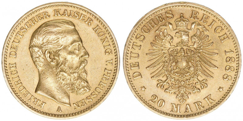 Friedrich III. 1888
Preussen. 20 Mark, 1888 A. 7,95g
AKS 119
vz/stfr