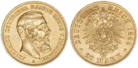 Friedrich III. 1888
Preussen. 20 Mark, 1888 A. 7,95g
AKS 119
vz/stfr