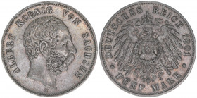 Albert 1873-1902
Sachsen, Königreich. 5 Mark, 1901 E. 27,72g
J.125
ss+