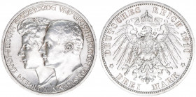 Wilhelm Ernst 1901-1918
Sachsen Weimar Eisenach. 3 Mark, 1910 A. zur 2. Hochzeit mit Feodora von Sachsen-Meiningen
16,66g
J.162
vz/stfr