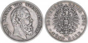 Karl 1864-1891
Württemberg. 5 Mark, 1876 F. 27,45g
J.173
ss