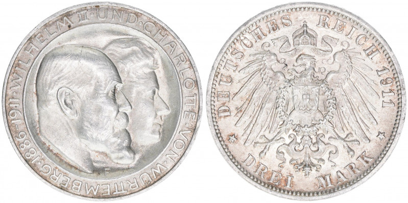 Wilhelm II. 1891-1918
Württemberg. 3 Mark, 1911 F. zur Silbernen Hochzeit
16,66g...