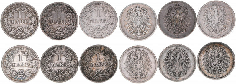 Lot mit 6 Münzen
1 Mark. aus den Jahren 1879A, 1880D,E, 1881J, 1883D,G
J.9
ss