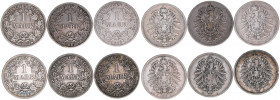 Lot mit 6 Münzen
1 Mark. aus den Jahren 1879A, 1880D,E, 1881J, 1883D,G
J.9
ss