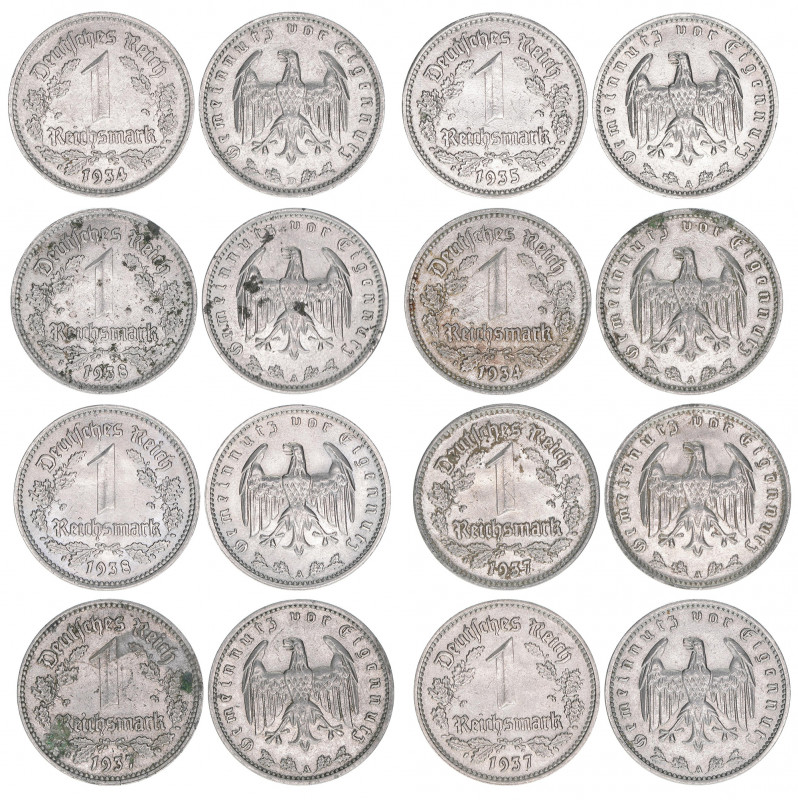 Lot mit 8 Münzen
1 Reichsmark. aus den Jahren 1934,1935,1937,1938
J.354
ss,vz