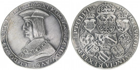 Maximilian I. 1490-1519
Guldiner, 1518/1974. Restrike vom Guldiner Hall zu Davenport 8007
Hall
21,80g
ss/vz