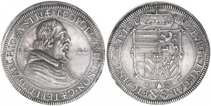 Erzherzog Leopold V. 1619-1632
Tirol. Taler, 1620. Hall
28,68g
MzA 109
vz+