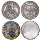 Erzherzog Ferdinand Carl 1632-1662
Schraubtaler, 1662. Einlage farbenprächtiges Aquarell eines Adeligen mit Jagdhund und Jagdhorn
Hall
11,00g
Preßler ...