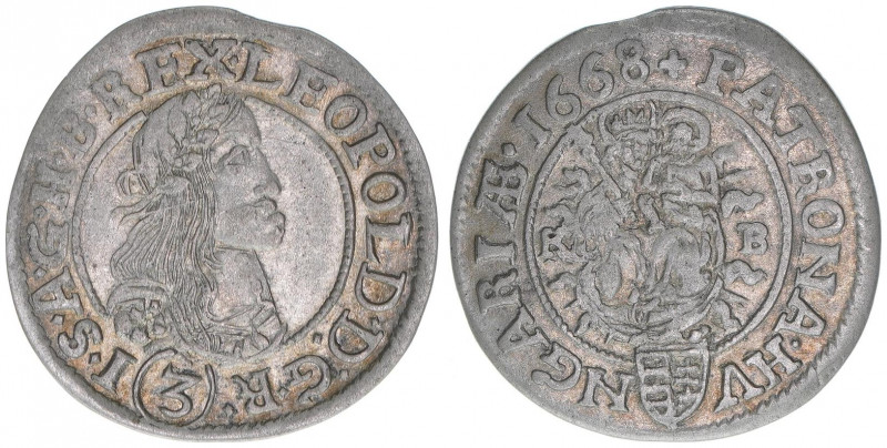 Leopold I. 1657-1705
Groschen, 1668 KB. Kremnitz
1,53g
Herinek 1583
ss+