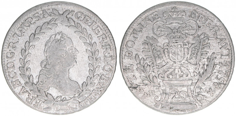 Franz I. Stephan 1745-1765
20 Kreuzer, 1758 H-A. Hall
6,50g
ANK 17
ss