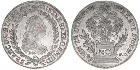 Franz I. Stephan 1745-1765
20 Kreuzer, 1765 BN/SK-PD. 6,63g
Herinek 340
vz/stfr