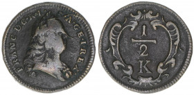 Franz I. Stephan 1745-1765
1/2 Kreuzer, ohne Jahr. Wien
5,50g
ANK 3
ss