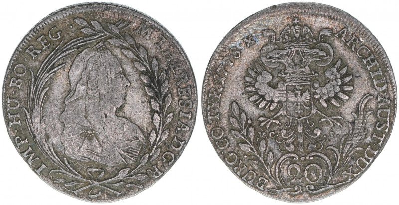 Maria Theresia 1740-1780
20 Kreuzer, 1778 VC-S. Hall
6,52g
ANK 106
ss