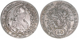 Maria Theresia 1740-1780
20 Kreuzer, 1777 B/SK-PD. Kremnitz
6,54g
ANK 115
ss+