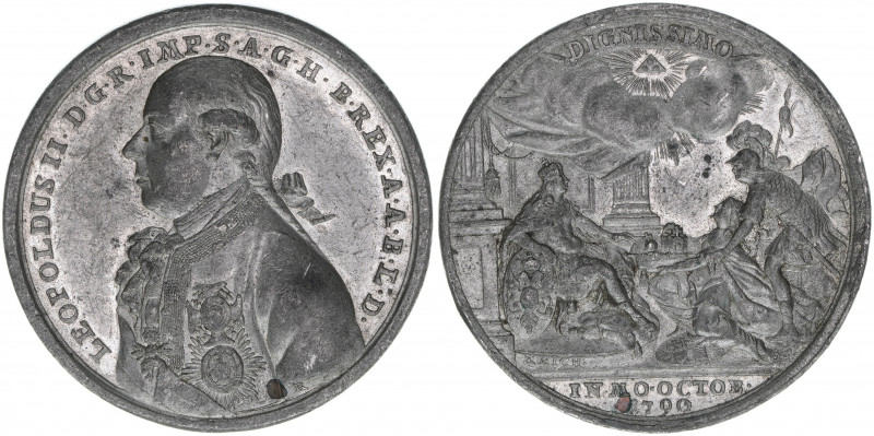 Leopold II. 1790-1792
Zinnmedaille, 1790. auf die Krönung in Frankfurt
mit Kupfe...