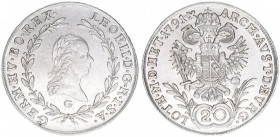 Leopold II. 1790-1792
20 Kreuzer, 1791 G. Nagybanya
6,65g
ANK 7
stfr