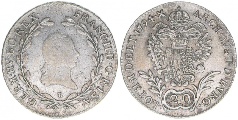Franz II. (I.) 1792-1835
20 Kreuzer, 1794 B. Kremnitz
6,53g
ANK 40
ss